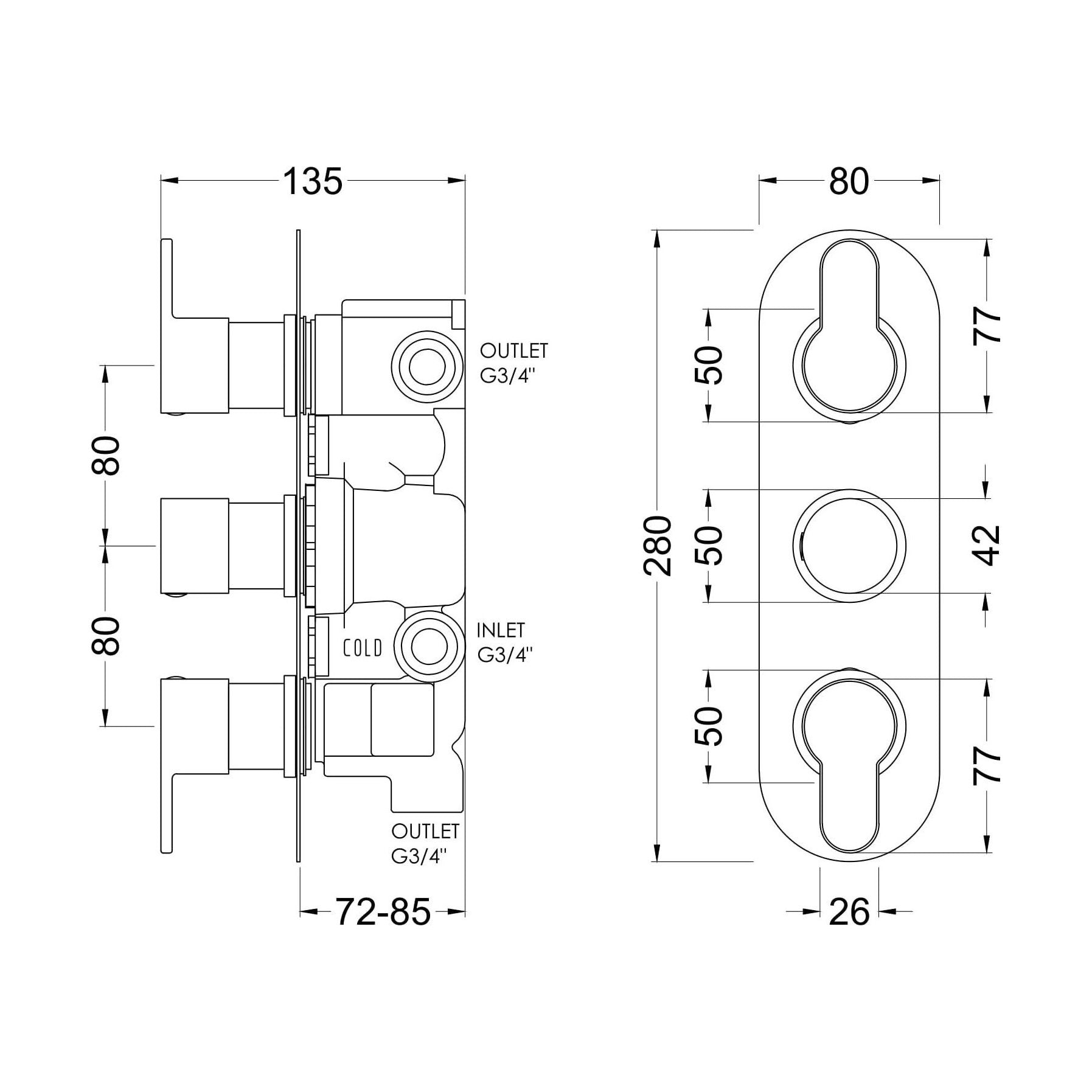 [BSPR8TR03] Consall Round Thermostatic Three Outlet Shower Valve with Diverter, Choice of Finish - Technical Drawing