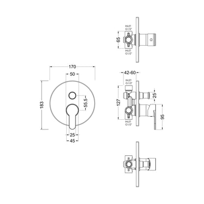 [BSPRMV12] Balterley Pride Round Concealed Manual Shower Valve with Diverter 2 Outlets - Chrome - Technical Drawing