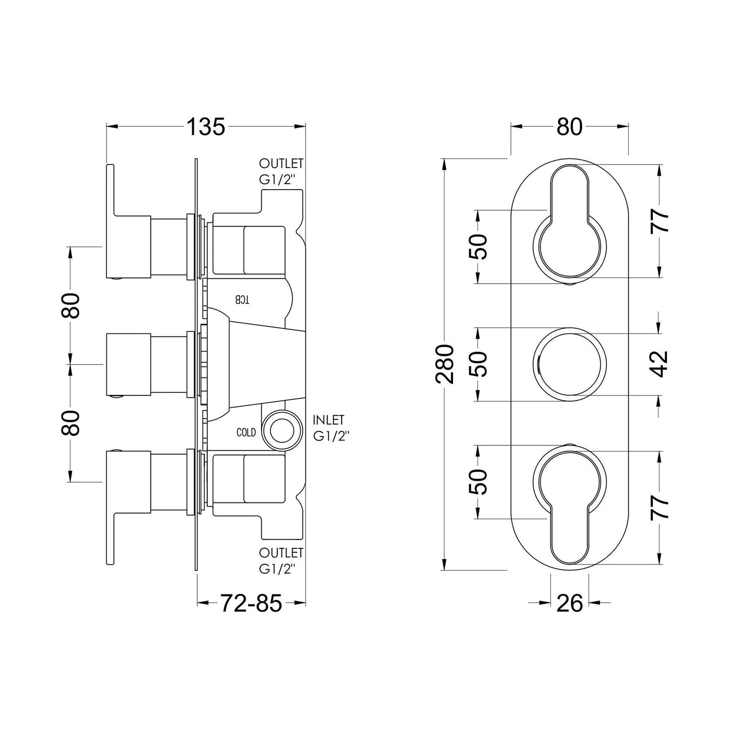 [BSPRTR02] Consall Contemporary Round Thermostatic Two Outlet Shower Valve - Choice of Finish - Technical Drawing