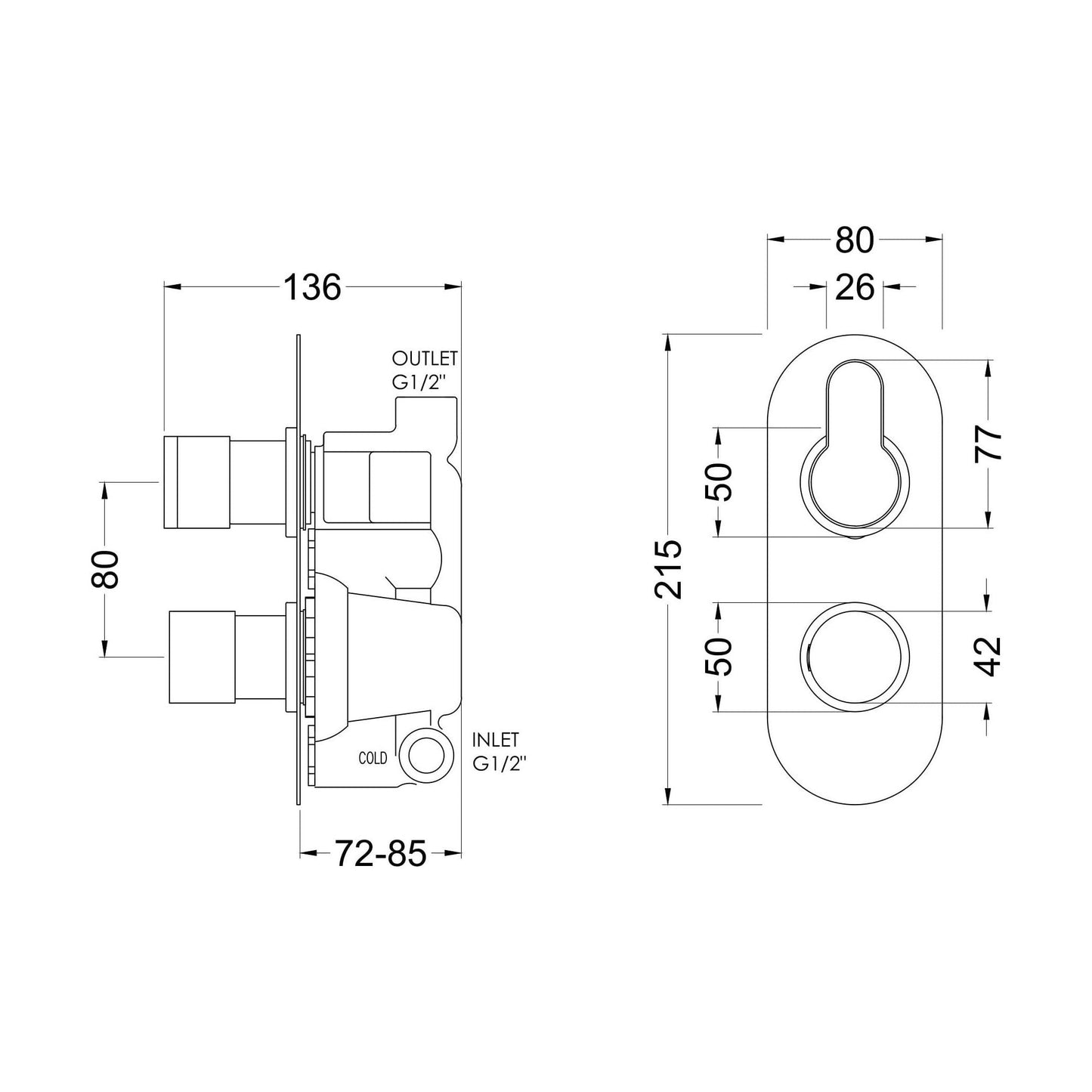 [BSPRTW01] Consall Round Thermostatic One Outlet Shower Valve, Choice of Finish - Technical Drawing