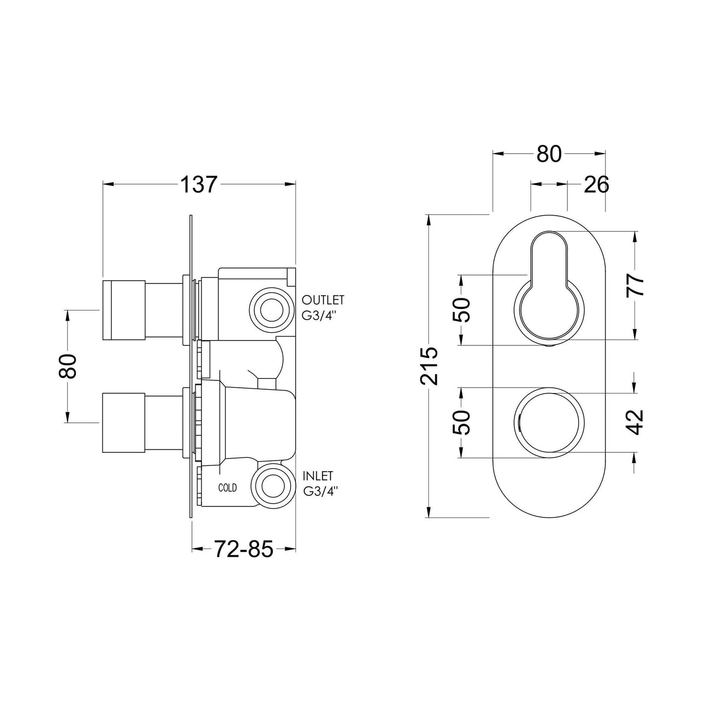 [BSPRTW02] Consall Round Thermostatic Two Outlet Shower Valve with Diverter, Choice of Finish - Technical Drawing