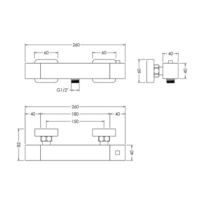 [BSRP503] Ripple Modern Bathroom Wall Mounted Square Thermostatic Bar Shower Valve with Bottom Outlet - 55mm x 275mm, Chrome by Balterley - Technical Drawing