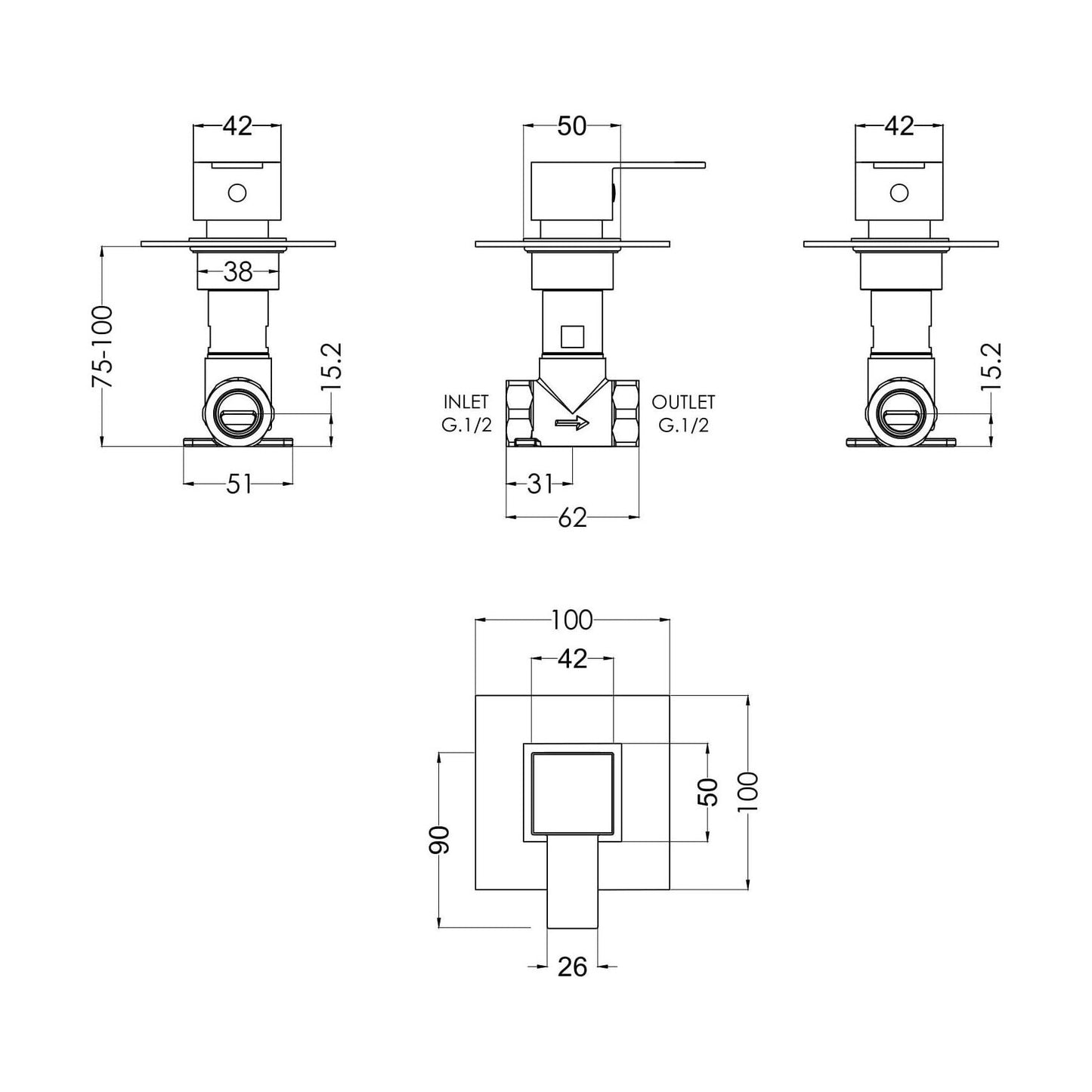 [BSRPST10] Ripple Contemporary Bathroom Square Concealed Stop Tap with Lever Handle, 100mm, Chrome - Balterley - Technical Drawing