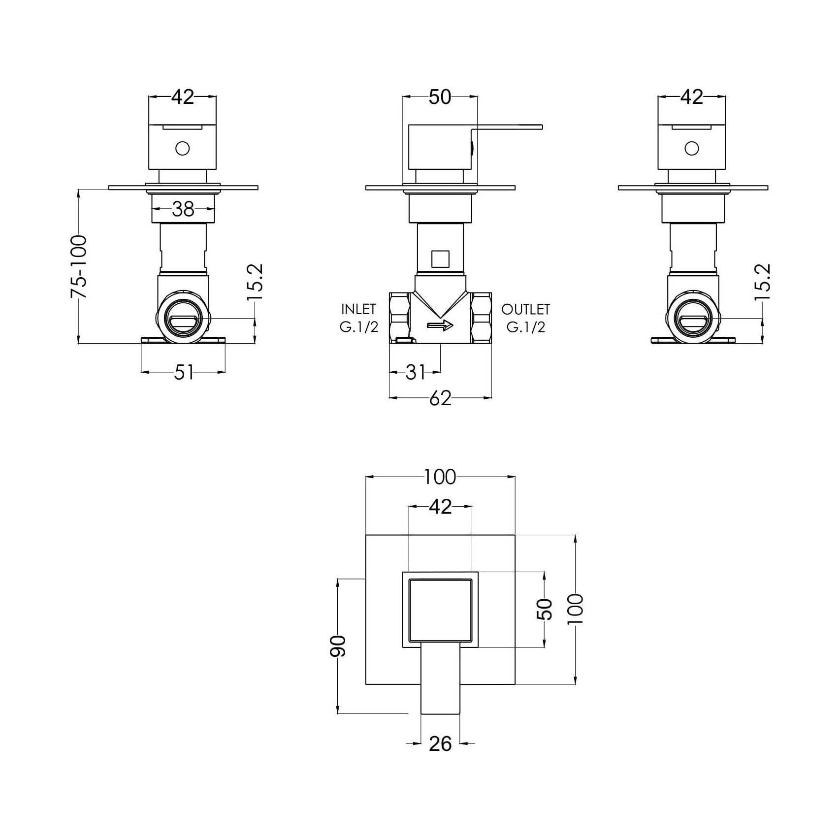 [BSRPST10] Ripple Contemporary Bathroom Square Concealed Stop Tap with Lever Handle, 100mm, Chrome - Balterley - Technical Drawing