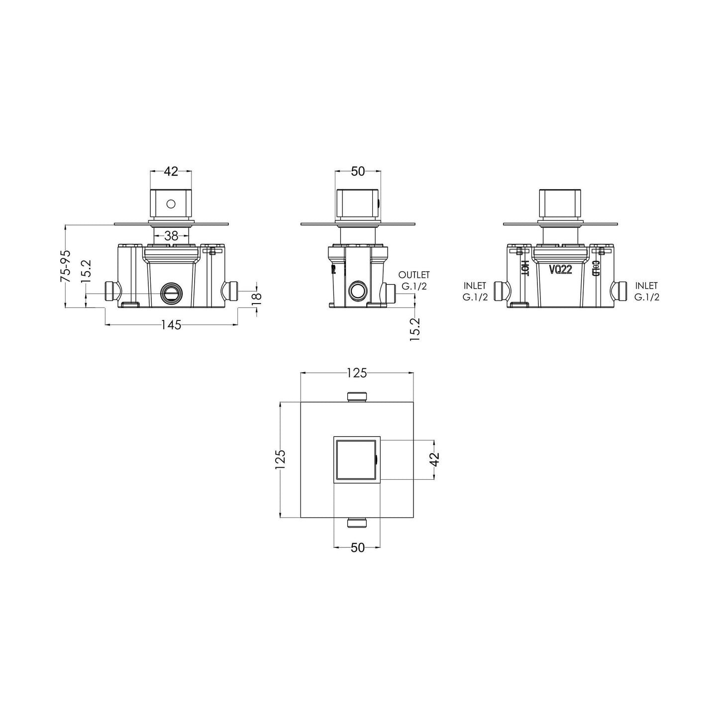 [BSRPTC11] Ripple Contemporary Bathroom Square Concealed Thermostatic Temperature Control Shower Valve, 125mm - Chrome by Balterley - Technical Drawing