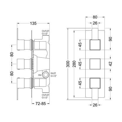 [BSRPTR02] Ripple Contemporary Bathroom Triple Concealed Thermostatic Shower Valve with Lever Handles, 230mm, Chrome - Balterley - Technical Drawing