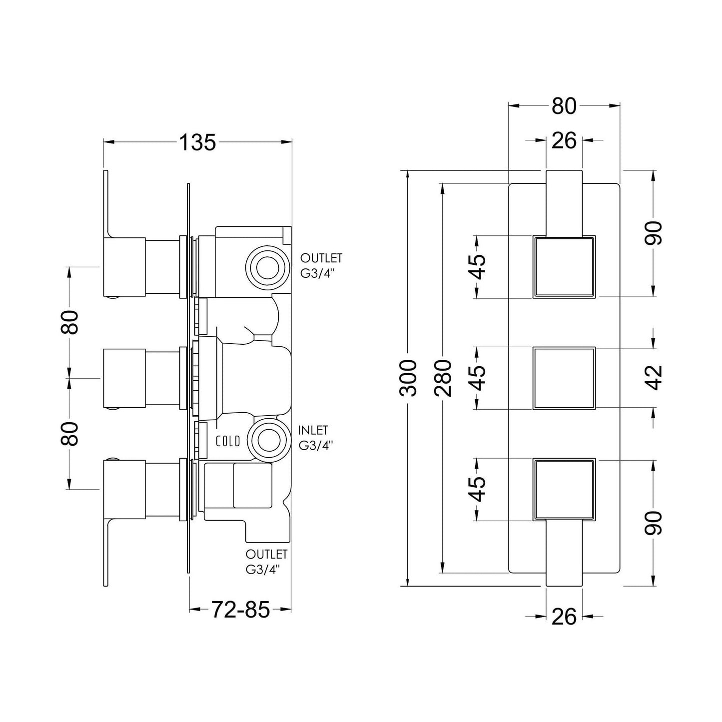 [BSRPTR03] Ripple Contemporary Bathroom Twin Concealed Thermostatic Shower Valve with Diverter and Lever Handles, 300mm, Chrome - Balterley - Technical Drawing