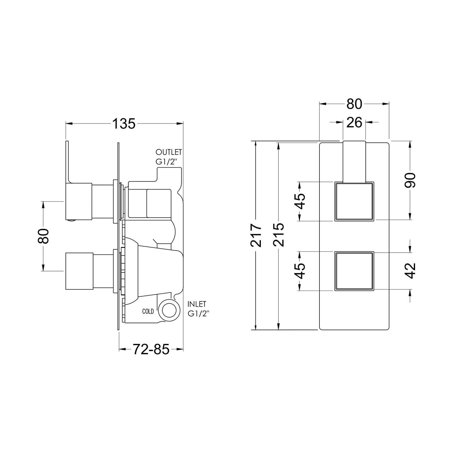 [BSRPTW01] Ripple Contemporary Bathroom Twin Concealed Thermostatic Shower Valve with Lever Handle, 215mm, Chrome - Balterley - Technical Drawing