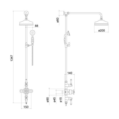 [BSS108] Traditional Exposed Thermostatic Shower Valve Set - Chrome - Technical Drawing