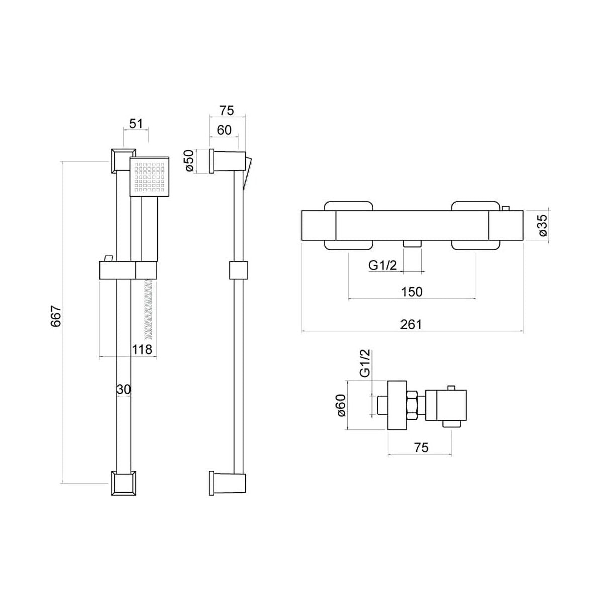 [BSS201] Square Exposed Bar Valve Shower Mixer Set - Black - Technical Drawing