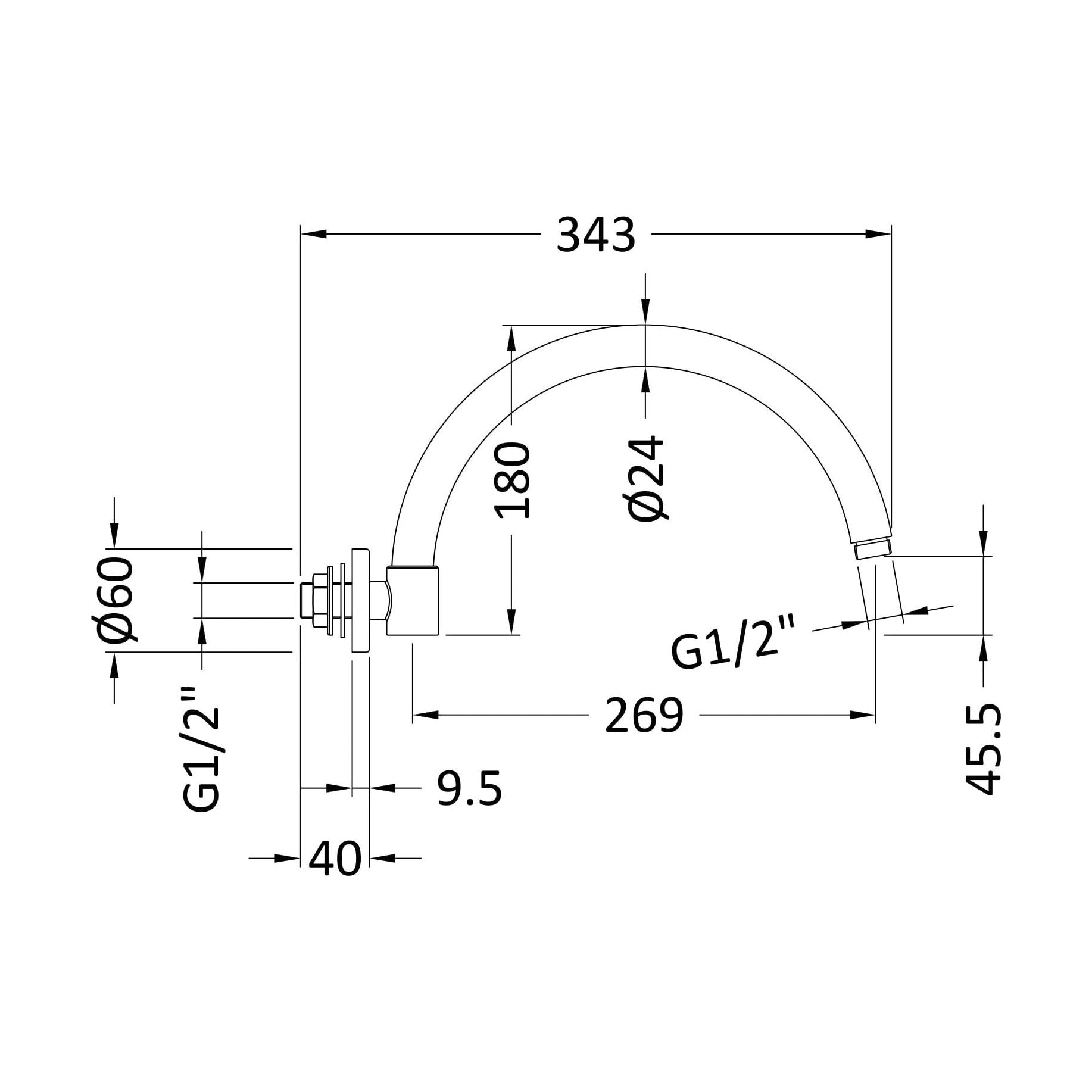 [BSSA006] Round Wall Mount Curved Shower Arm - 303mm - Chrome - Technical Drawing