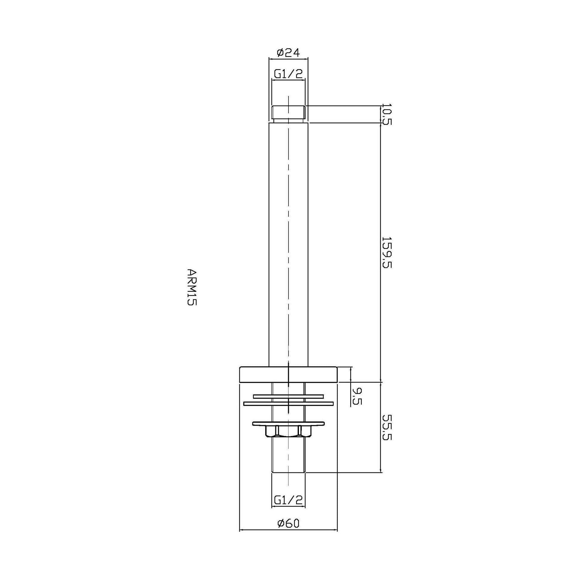 [BSSA015] Balterley Round Ceiling Mount Shower Arm - 150mm - Chrome - Technical Drawing