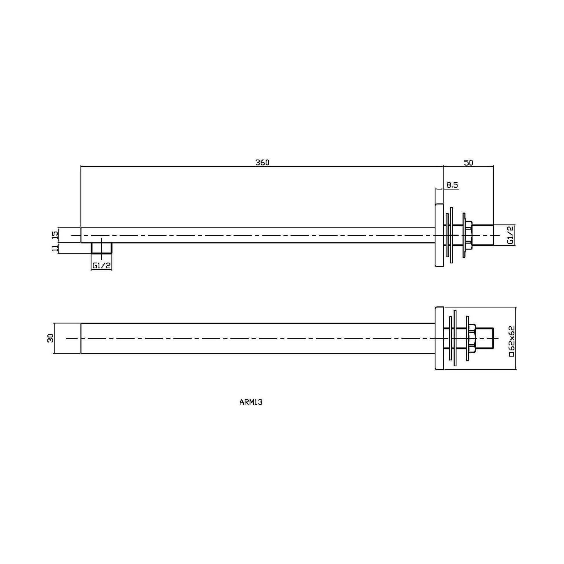 [BSSA413] Balterley Square Wall Mount Shower Arm - 360mm - Chrome - Technical Drawing