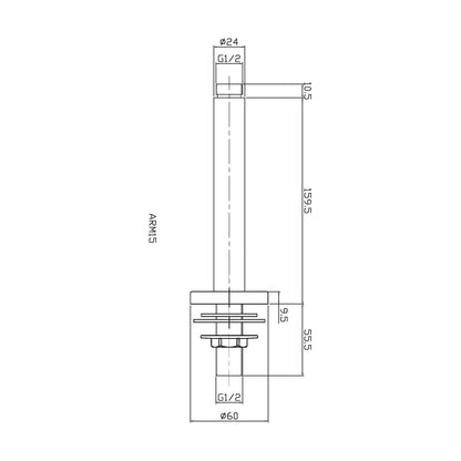 [BSSA415] Balterley Round Ceiling Mount Shower Arm - 150mm - Brushed Pewter - Technical Drawing