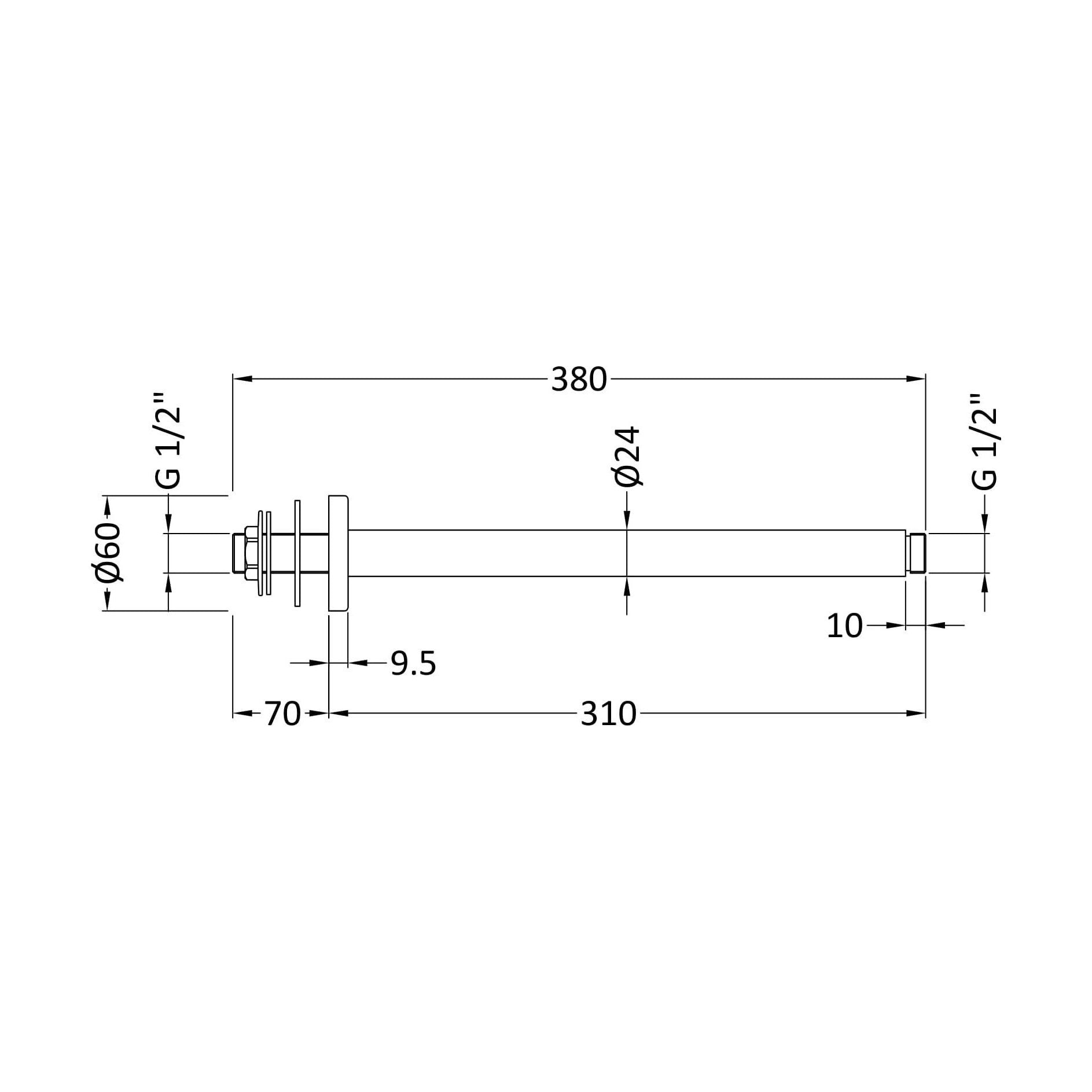 [BSSA416] Balterley Round Ceiling Mount Shower Arm - 300mm - Matt Black - Technical Drawing