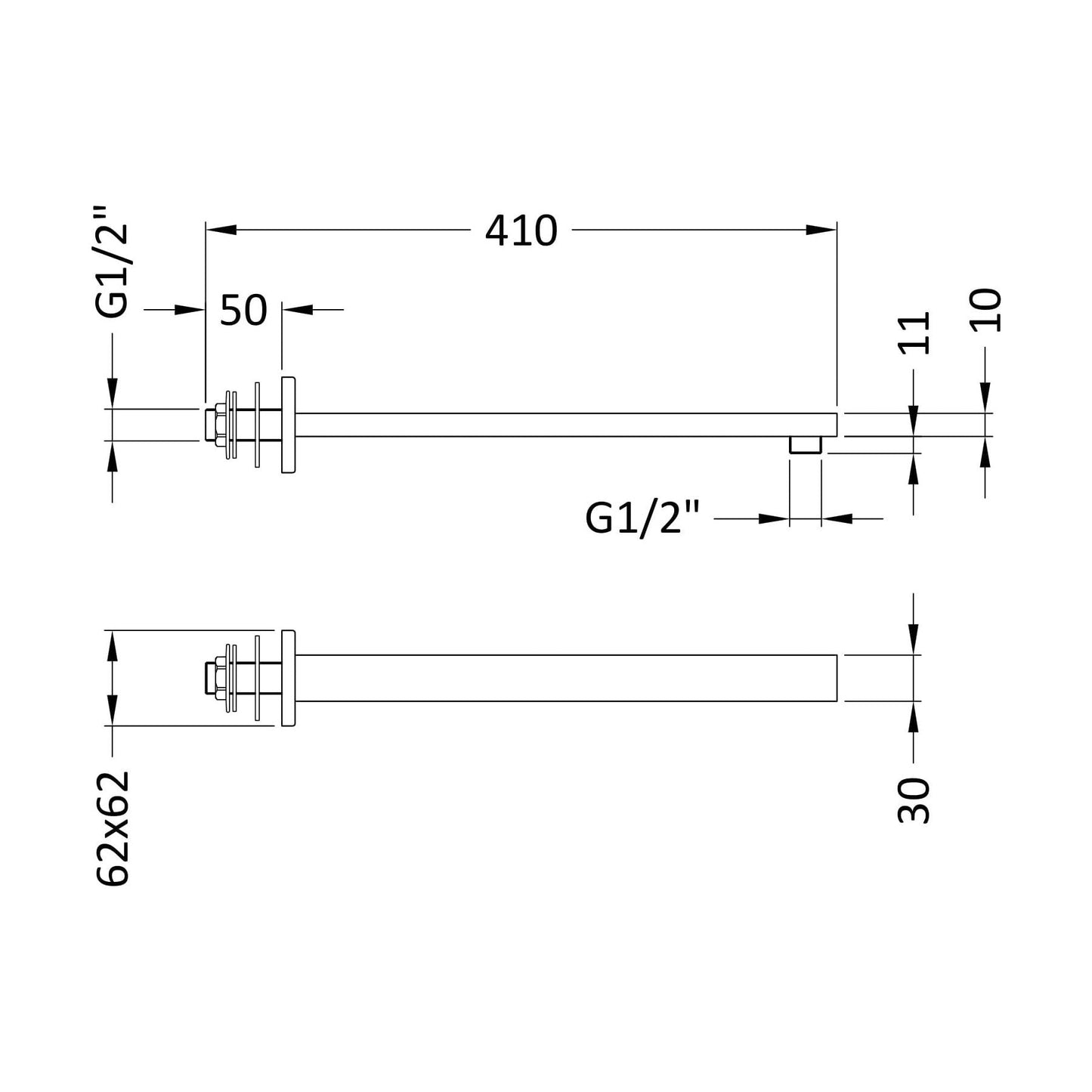 [BSSA713] Balterley Square Wall Mount Shower Arm - 360mm - Chrome - Technical Drawing