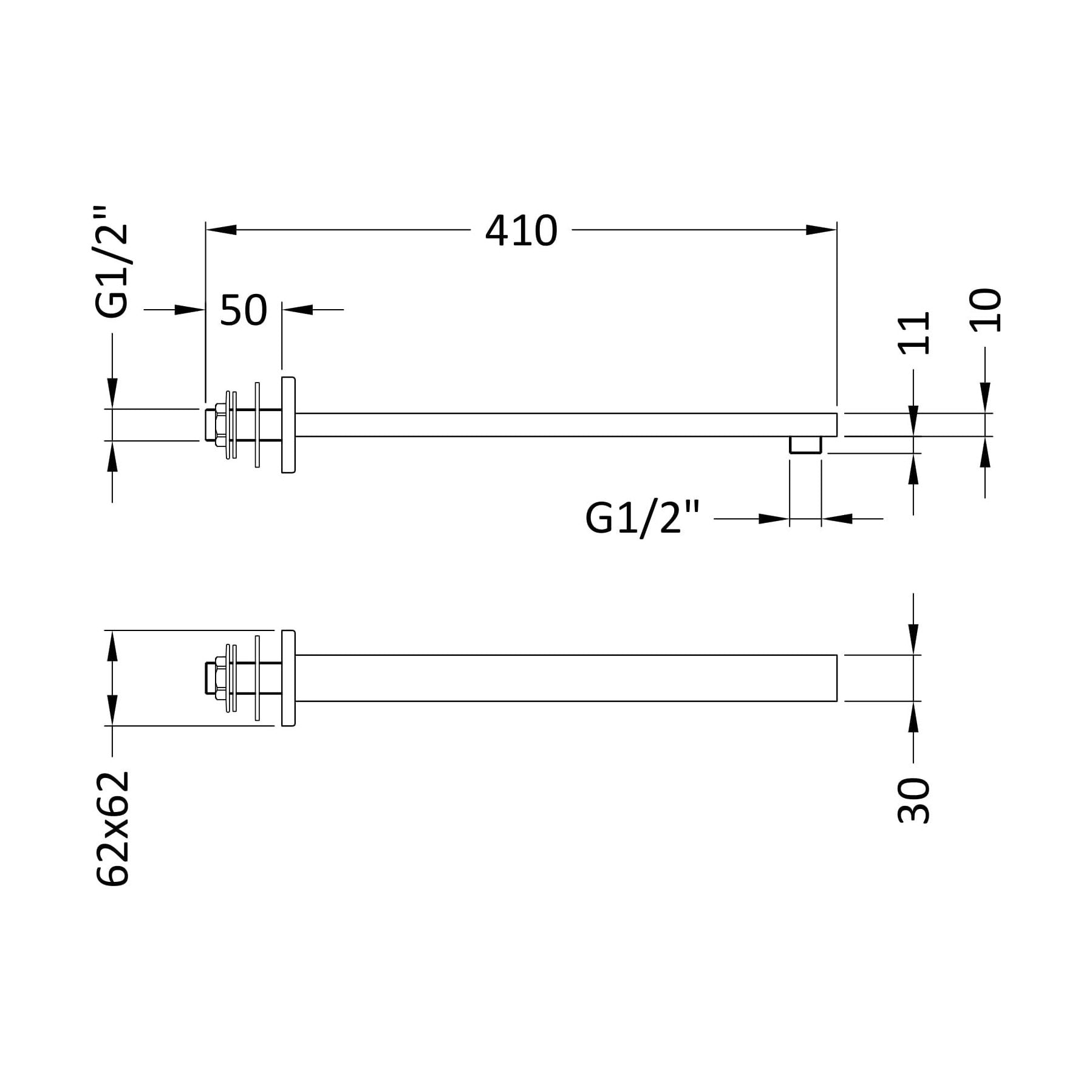[BSSA713] Balterley Square Wall Mount Shower Arm - 360mm - Chrome - Technical Drawing