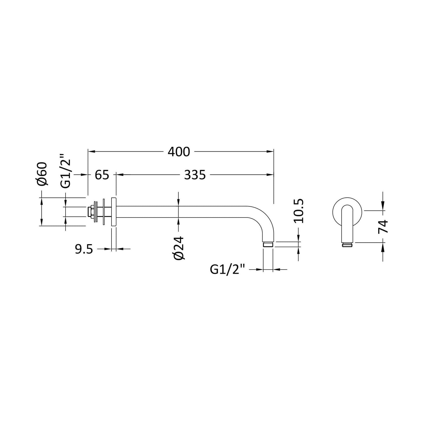 [BSSA801] Balterley Round Wall Mount Shower Arm - 345mm - Chrome - Technical Drawing