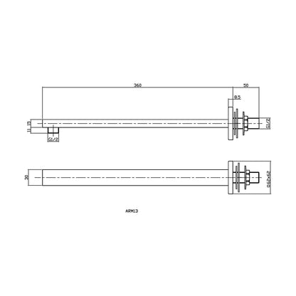 [BSSA813] Balterley Square Wall Mount Shower Arm - 360mm - Chrome - Technical Drawing