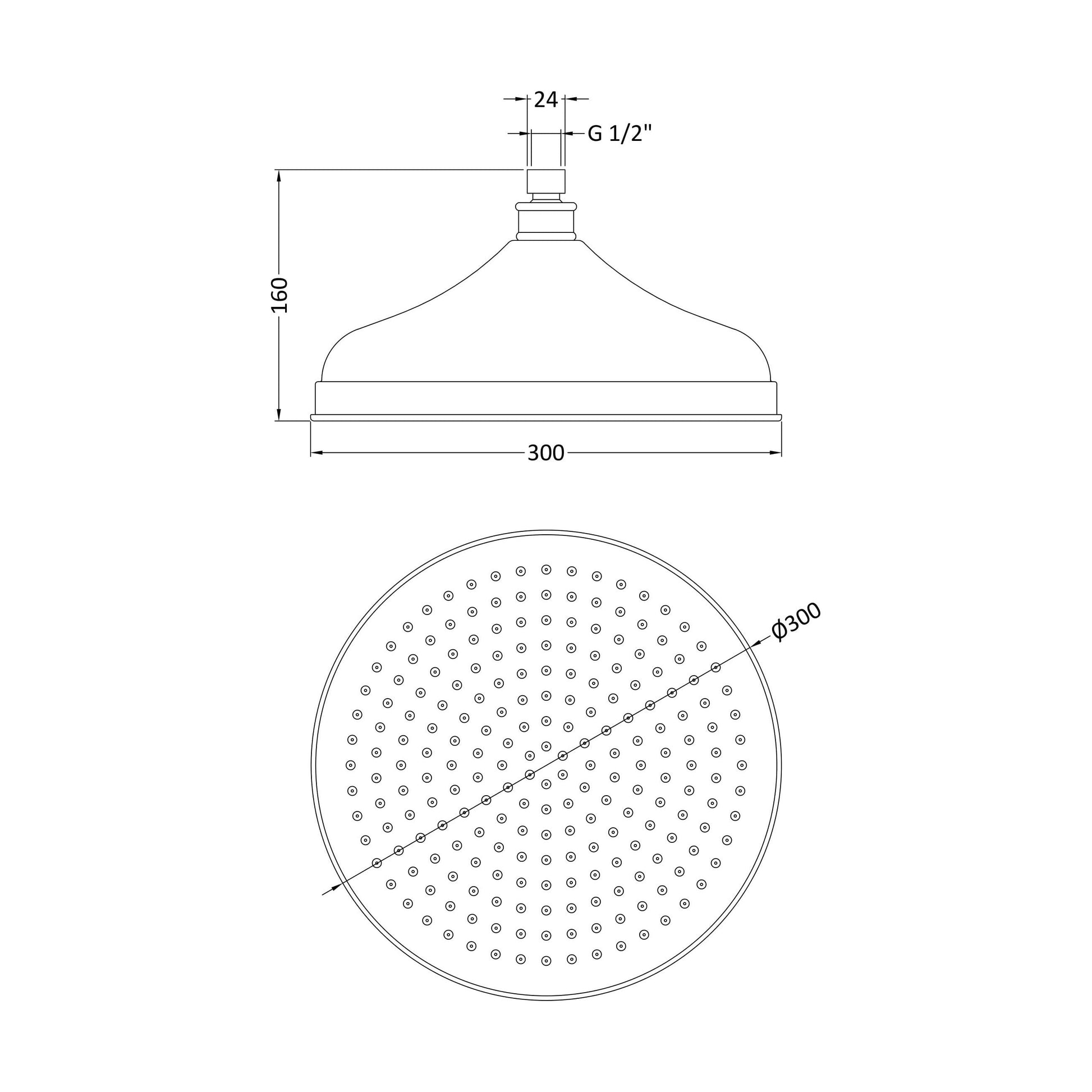 [BSSH016] Balterley Traditional Fixed Shower Head 300mm, High Flow Round Design, Suits Wall or Ceiling Arms - Chrome Finish - Technical Drawing