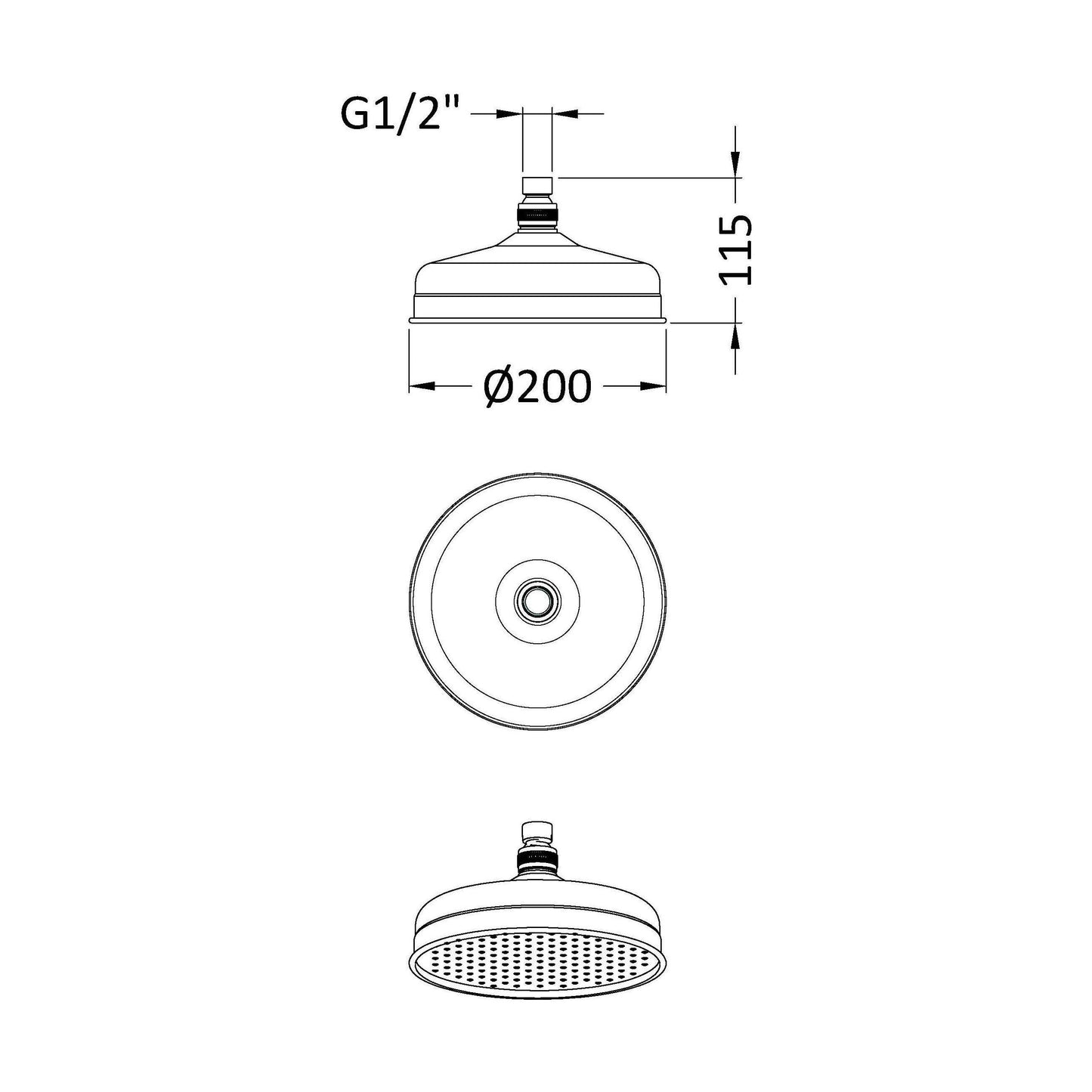 [BSSH021] Balterley Traditional Apron Fixed Shower Head 194mm, Round Design, High Flow, Wall or Ceiling Mount - Chrome Finish - Technical Drawing