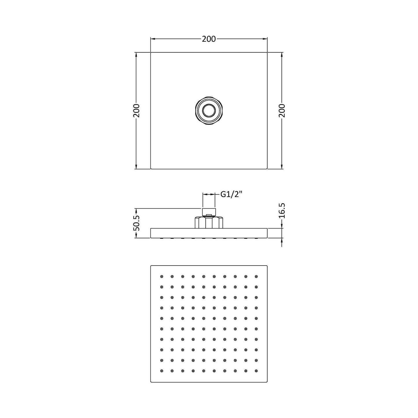 [BSSH050] Balterley Empire Square Easyclean Fixed Shower Head 200mm, Modern Design, High Flow - Chrome Finish - Technical Drawing
