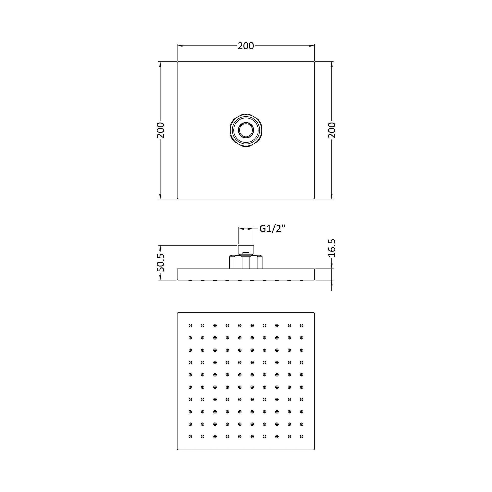 [BSSH050] Balterley Empire Square Easyclean Fixed Shower Head 200mm, Modern Design, High Flow - Chrome Finish - Technical Drawing