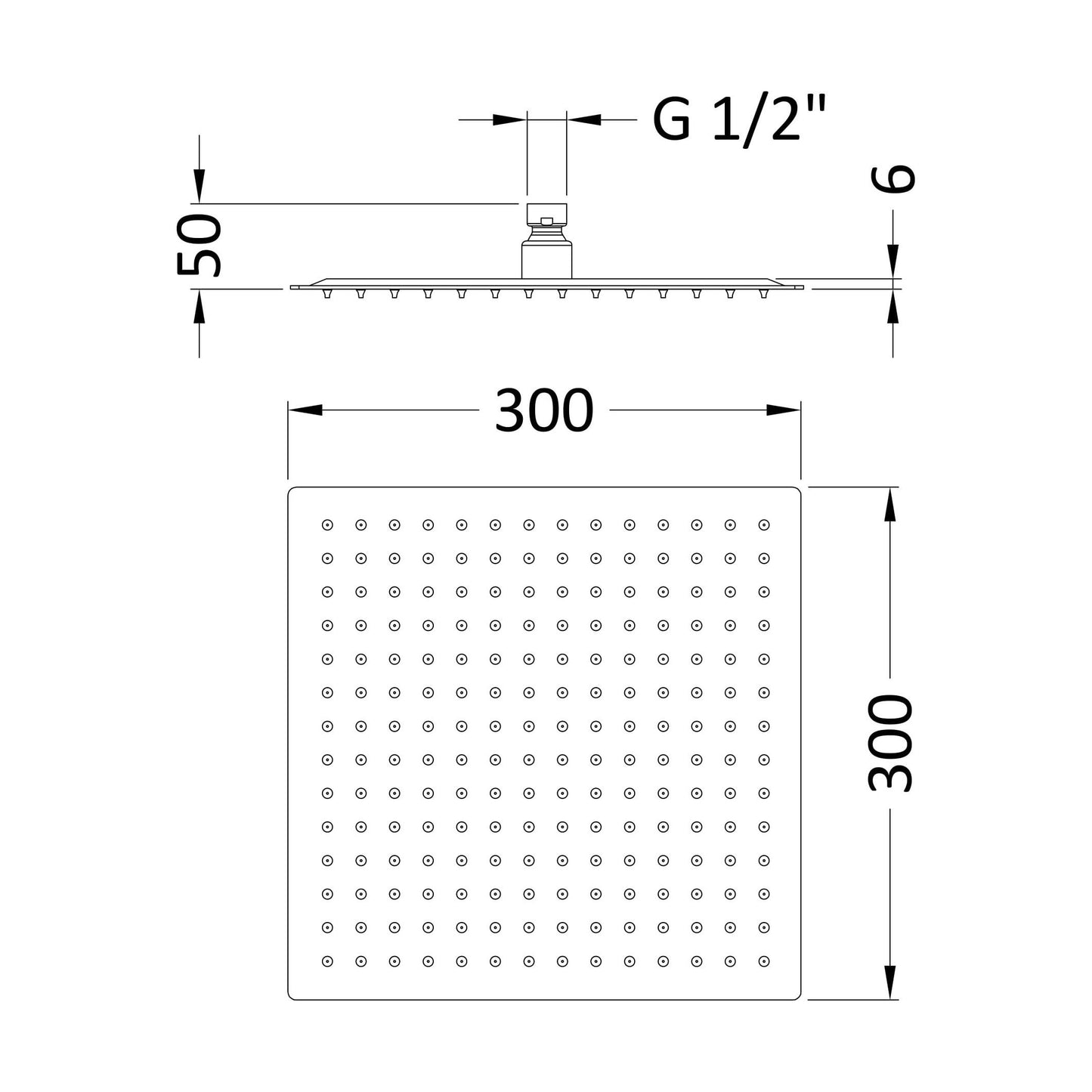 [BSSH058] 300 Square Stainless Steel Shower Head - Technical Drawing