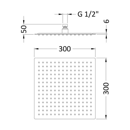 [BSSH058] 300 Square Stainless Steel Shower Head - Technical Drawing