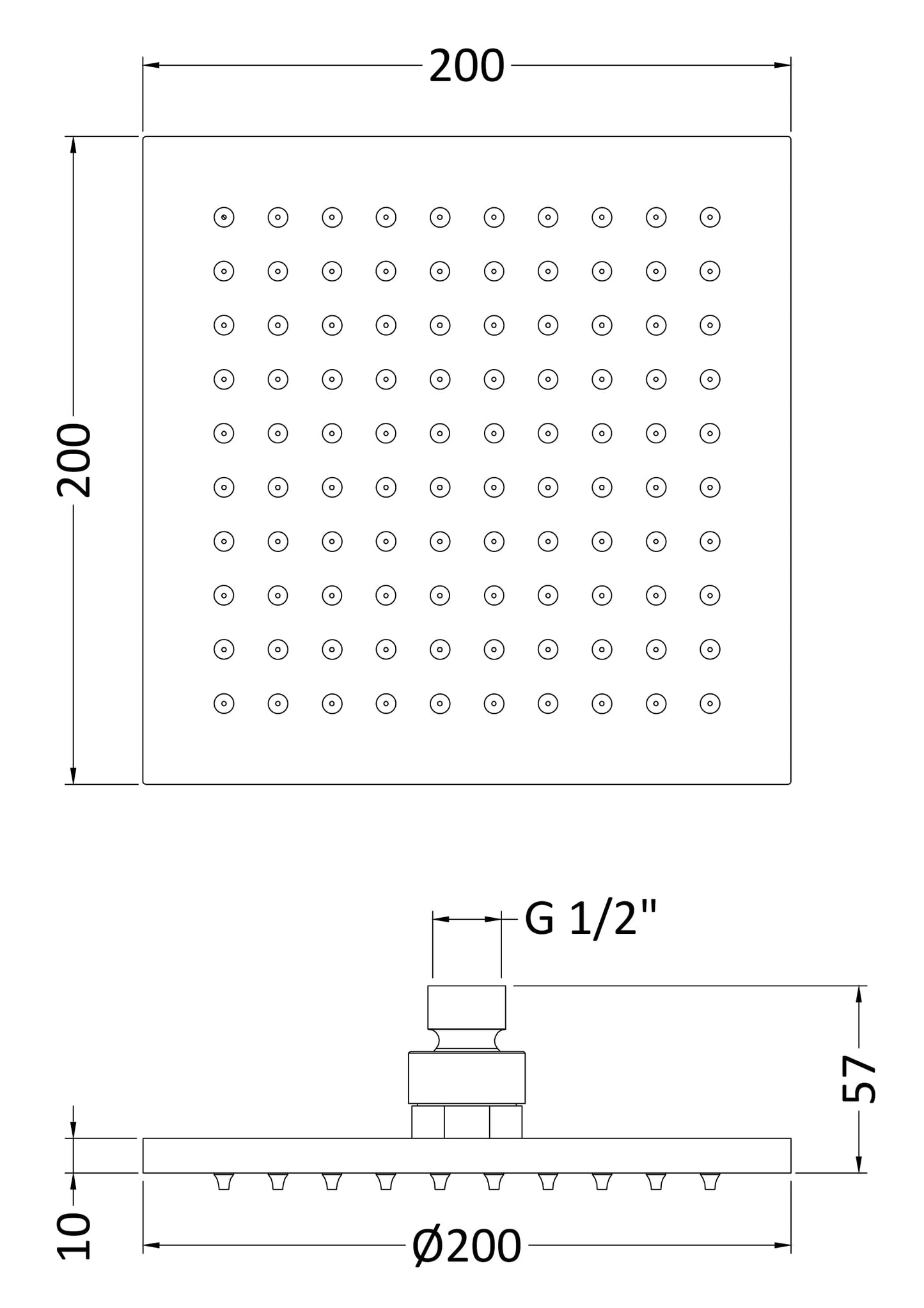[BSSH070] Square LED Fixed Shower Head, 200mm - Chrome - Technical Drawing