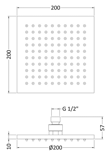 [BSSH070] Square LED Fixed Shower Head, 200mm - Chrome - Technical Drawing