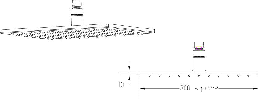 [BSSH072] Square LED Fixed Shower Head, 300mm - Chrome - Technical Drawing