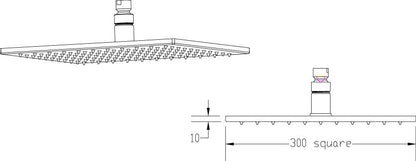 [BSSH072] Square LED Fixed Shower Head, 300mm - Chrome - Technical Drawing