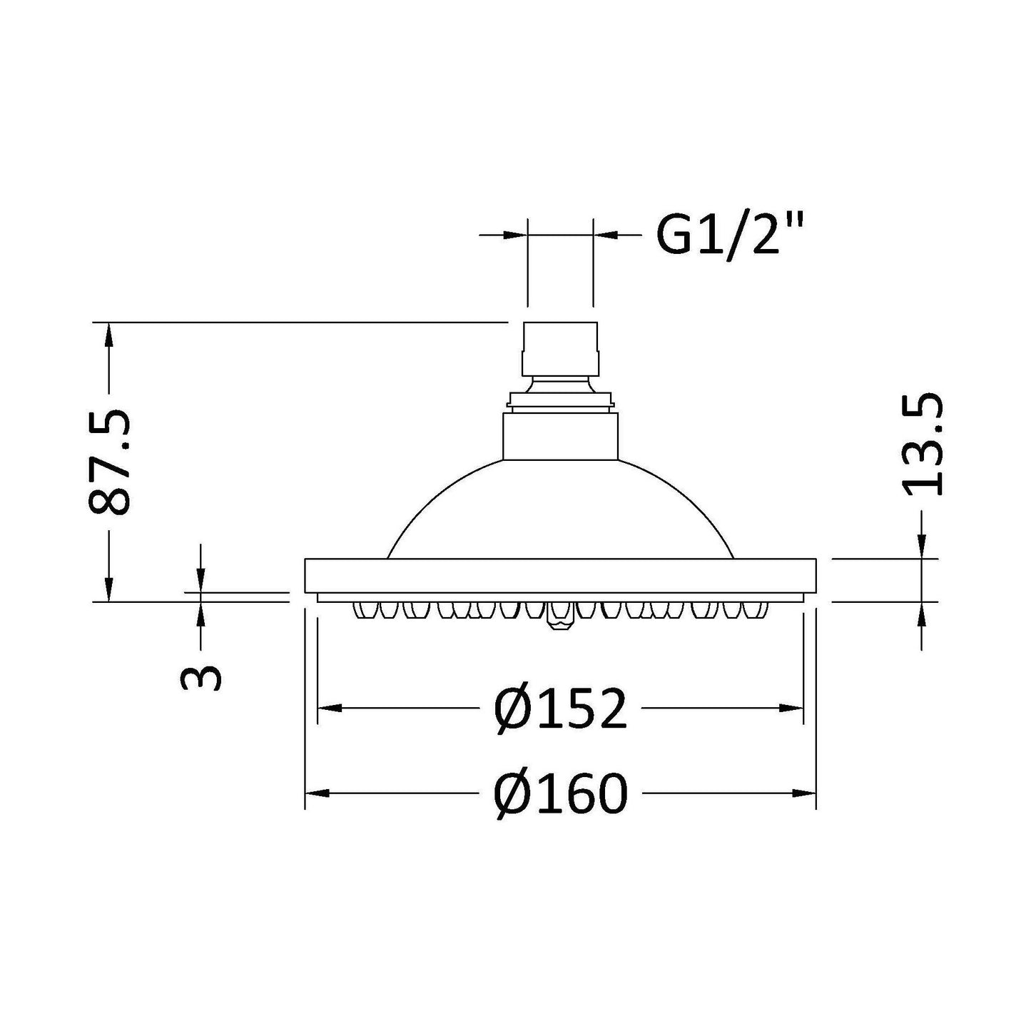 [BSSH304] Rose Round Easyclean Shower Head - 152mm - Chrome - Technical Drawing