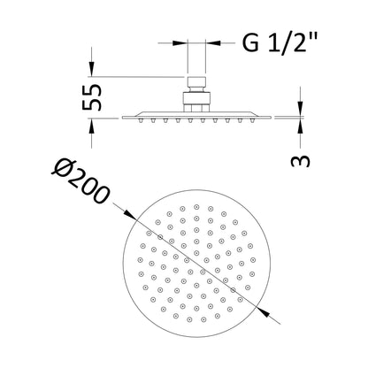 [BSSH7082] Square Fixed Head, 200mm - Brushed Pewter - Technical Drawing