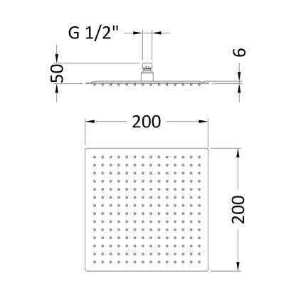 [BSSH7088] Square Fixed Head, 200mm - Matt Black - Technical Drawing