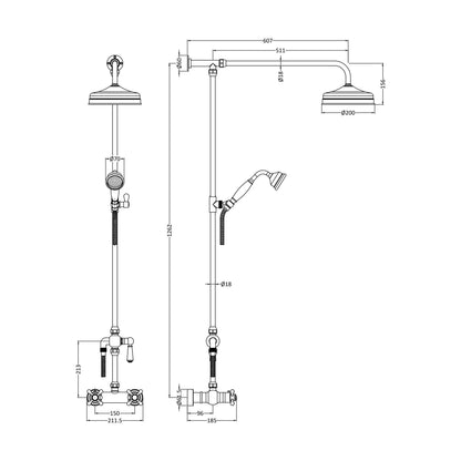 [BSSK3117] Traditional Exposed Thermostatic Shower Valve & Kit (1 Outlet) - Chrome - Balterley - Technical Drawing