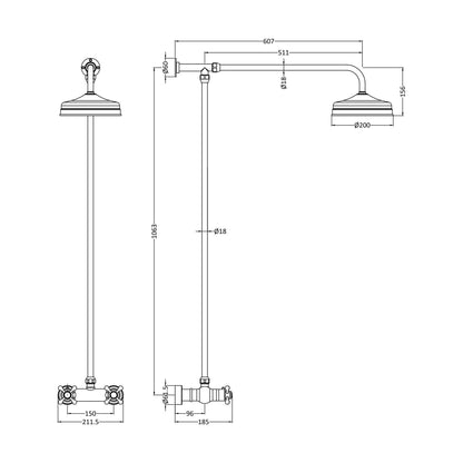 [BSSK3118] Thermostatic Exposed Shower Valve & Rigid Riser Kit - Chrome - Technical Drawing