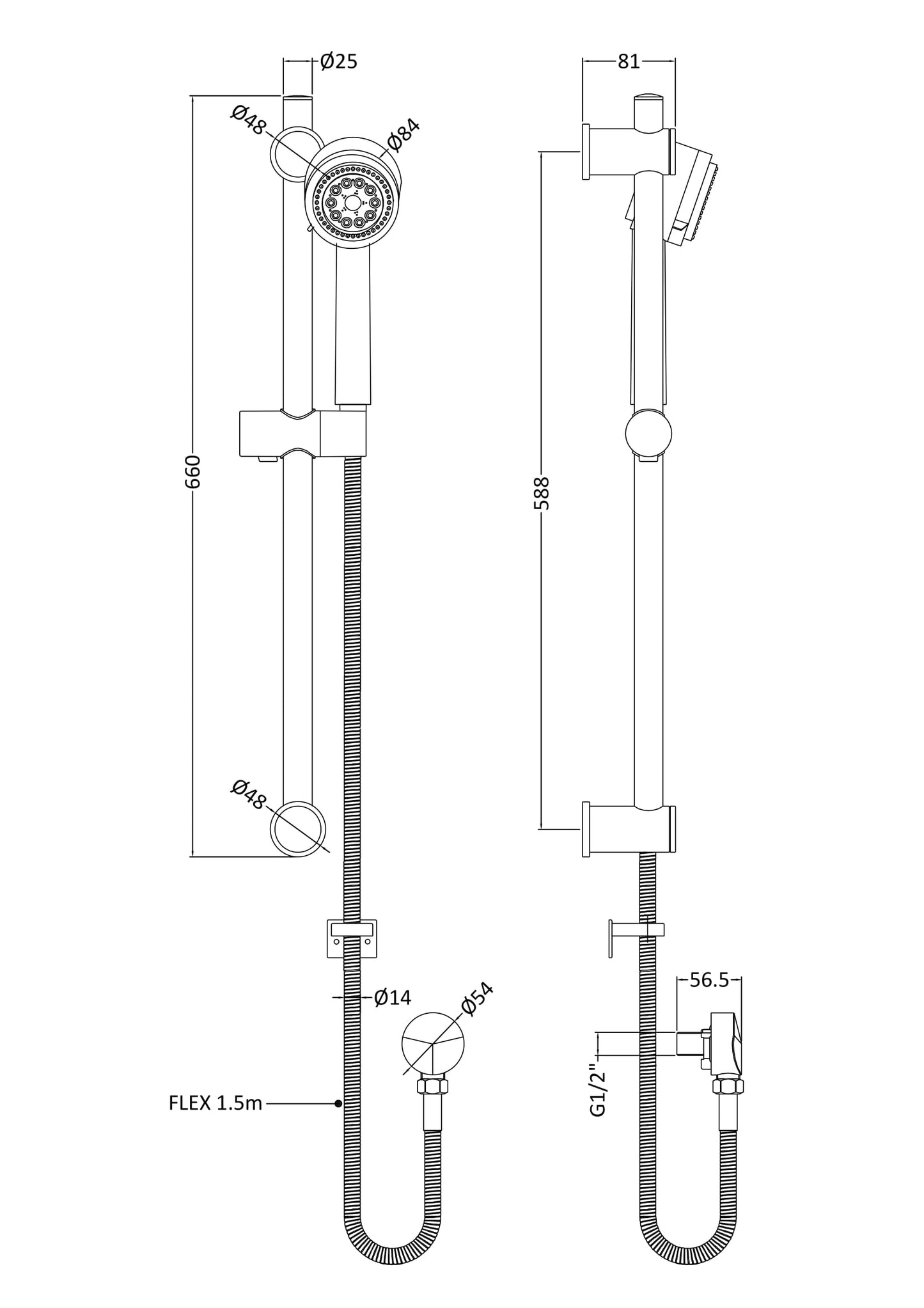 [BSSR040] Round Slide Rail Shower Kit with Multi Function Head & Adjustable Brackets - Chrome - Technical Drawing