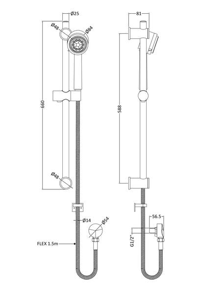 [BSSR040] Round Slide Rail Shower Kit with Multi Function Head & Adjustable Brackets - Chrome - Technical Drawing