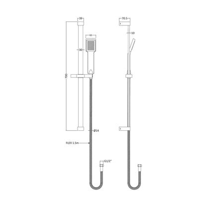 [BSSR059] Square Slide Rail Shower Kit with Single Function Head - Chrome - Technical Drawing