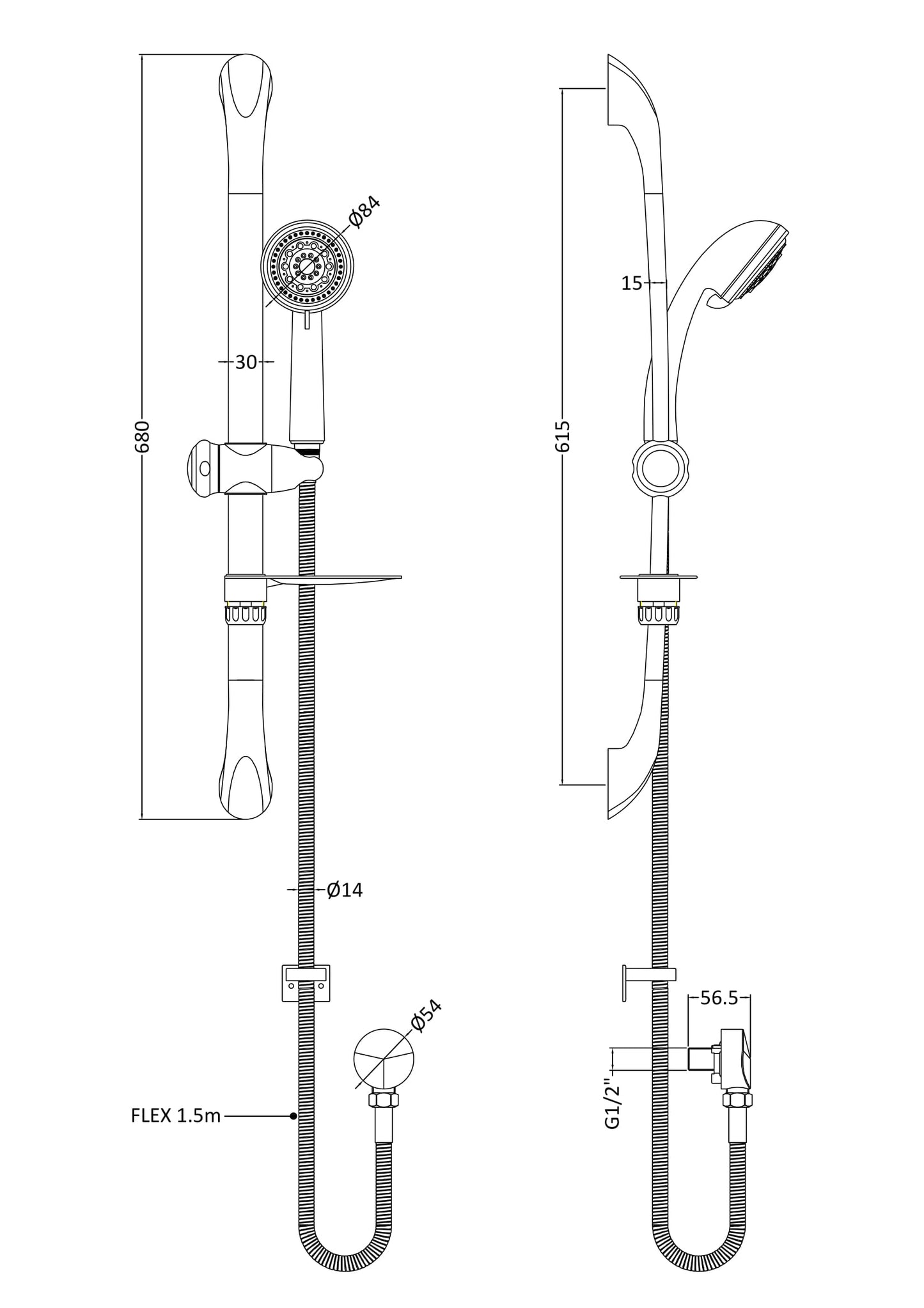 [BSSR273A] Round Luxury Slide Rail Shower Kit with Single Function Head & Outlet Elbow - Chrome - Technical Drawing