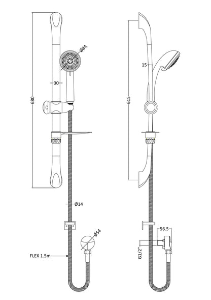 [BSSR273A] Round Luxury Slide Rail Shower Kit with Single Function Head & Outlet Elbow - Chrome - Technical Drawing