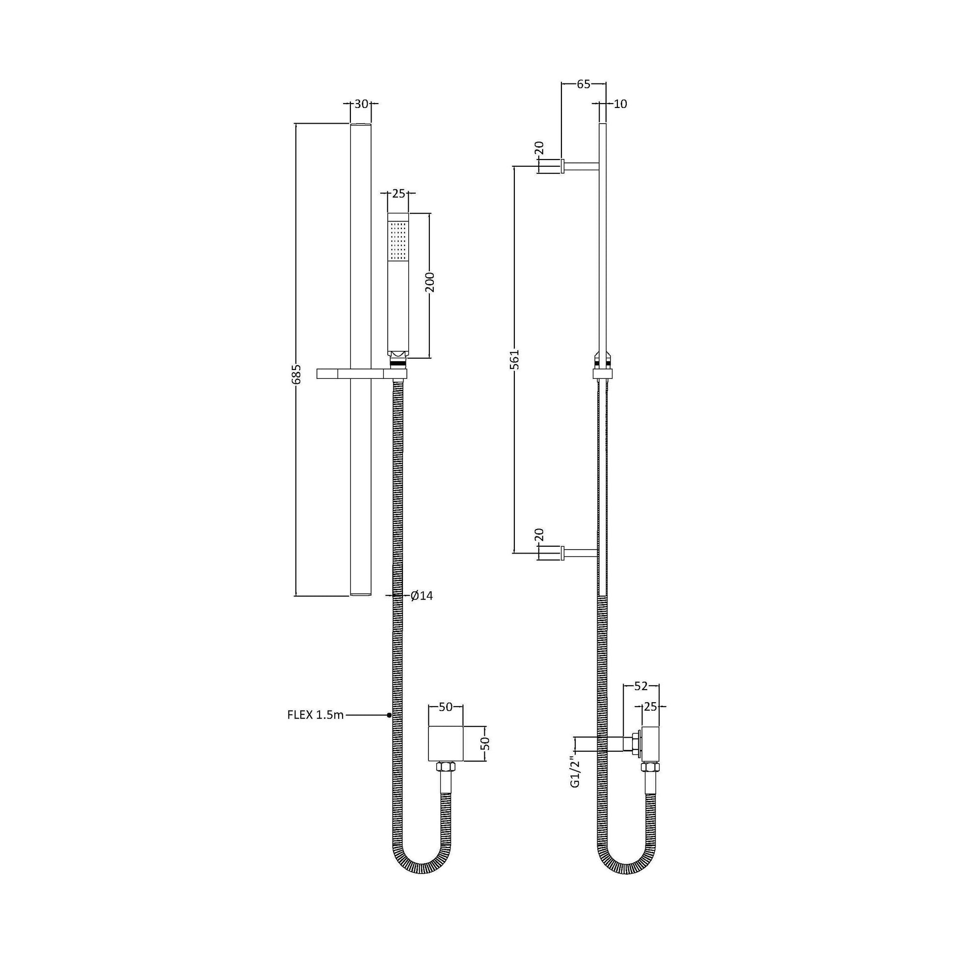[BSSR4167] Rectangular Slider Rail Kit with Outlet Elbow - Matt Black - Technical Drawing