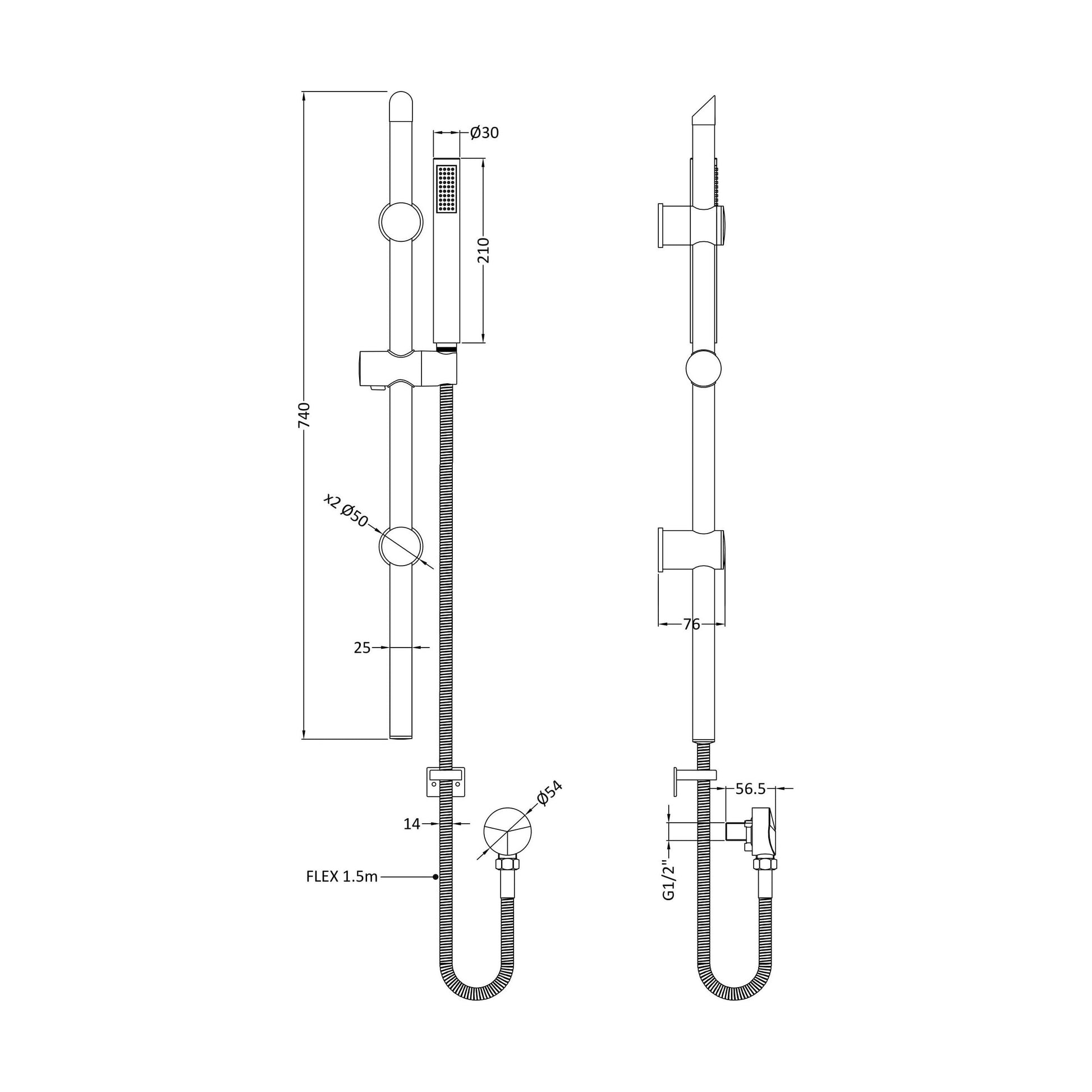 [BSSR842] Round Slide Rail Shower Kit with Outlet Elbow - Matt Black - Technical Drawing