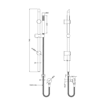 [BSSR842] Round Slide Rail Shower Kit with Outlet Elbow - Matt Black - Technical Drawing