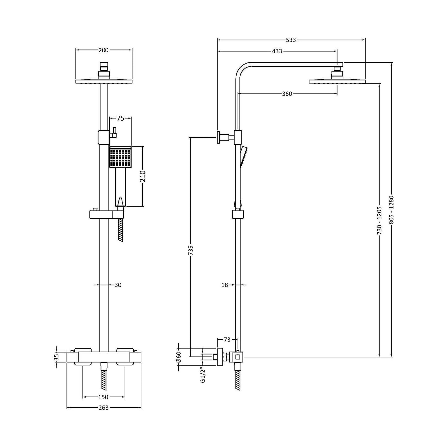 [BSTK386] Swinscoe Square Thermostatic Shower Kit with Fixed Head & Adjustable Handset - Multiple Colours Available - Technical Drawing