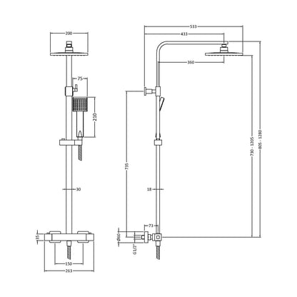 [BSTK386] Swinscoe Square Thermostatic Shower Kit with Fixed Head & Adjustable Handset - Multiple Colours Available - Technical Drawing