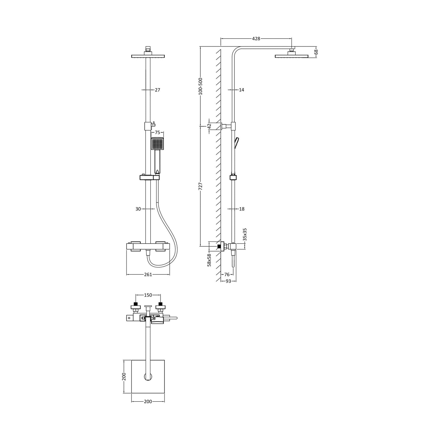 [BSTK786] Swinscoe Square Thermostatic Shower Kit with Fixed Head & Adjustable Handset - Multiple Colours Available - Technical Drawing