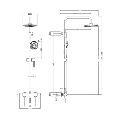 [BSTK875] Consall Round Thermostatic Shower Kit with Fixed Head & Adjustable Handset - Multiple Colours Available - Technical Drawing